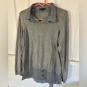 Adrianna Papell Gray Layered Sweater with Striped Collar